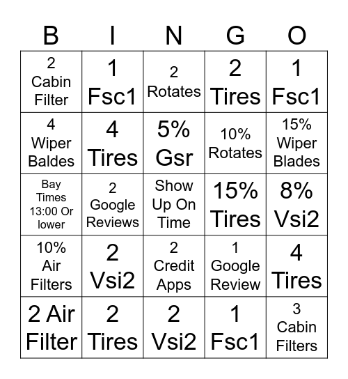 Express Oil Bingo Card