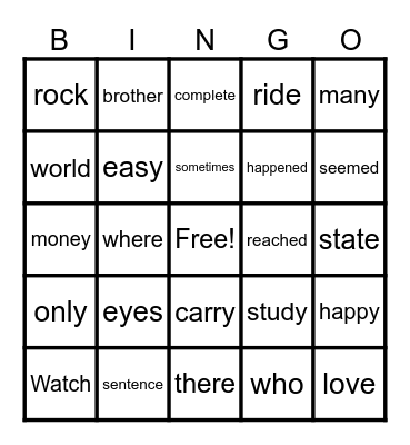 High Frequency Words Bingo Card