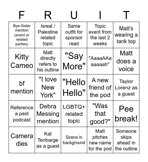 A Bit Fruity Bingo Card