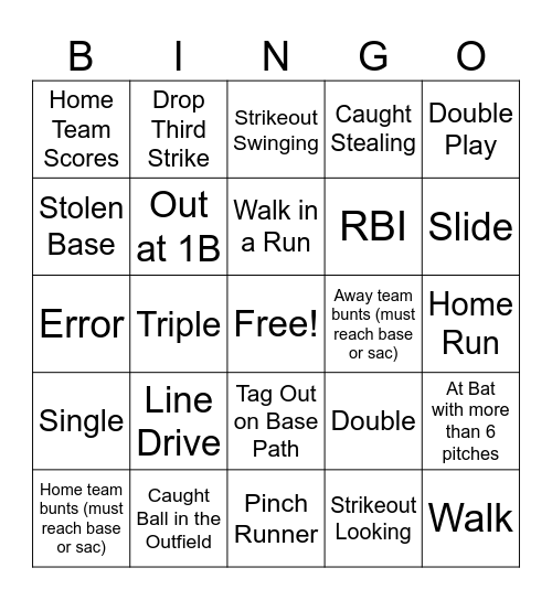 DHS Softball Game Bingo Card