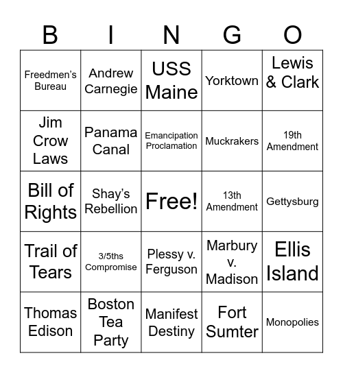 US HIstory Year In Review BINGO Card