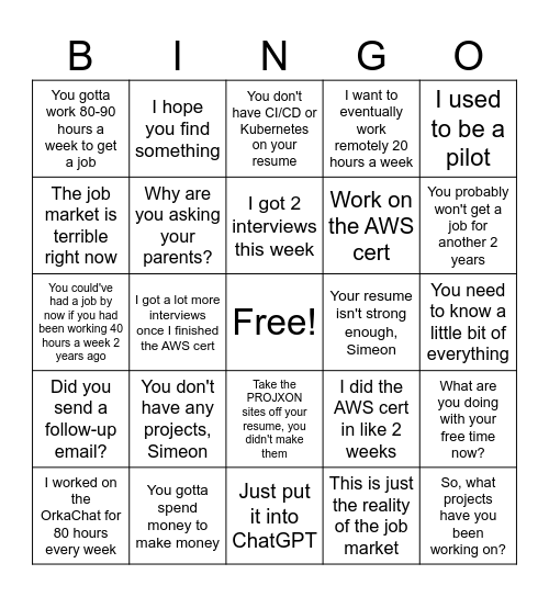 Evan BINGO Card