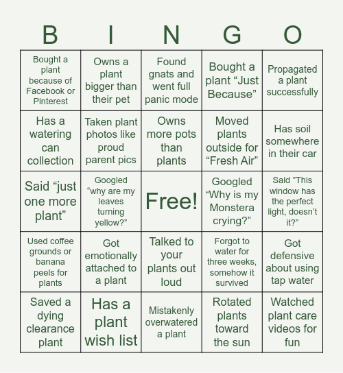 Plant Mom Bingo Card