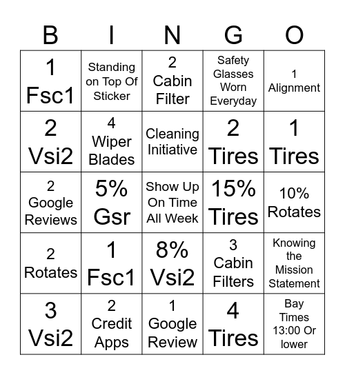 Express Oil Bingo Card