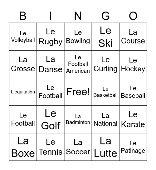 Quel Est Ton Sport Prefere Bingo Card