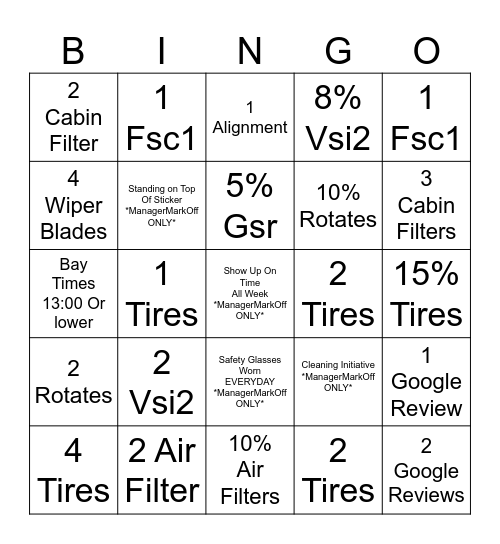 Express Oil Bingo Card
