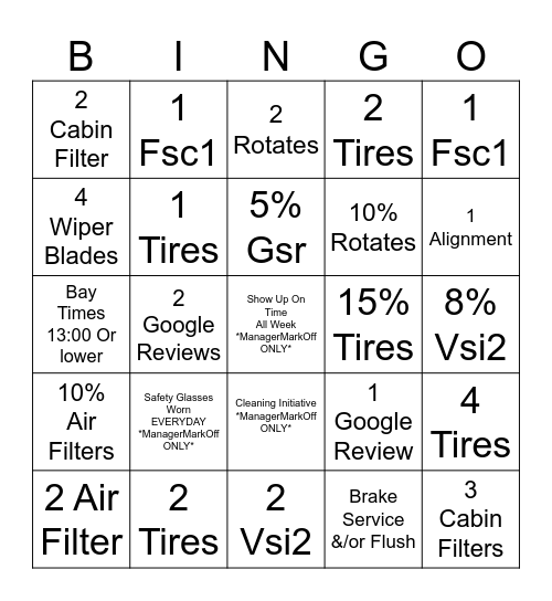 Express Oil Bingo Card