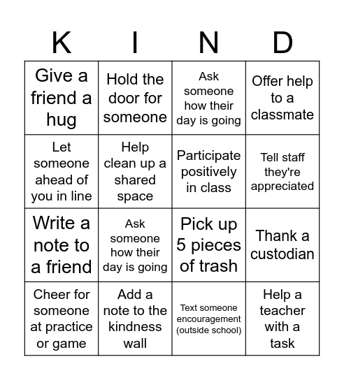 2026 Kindness BINGO Card