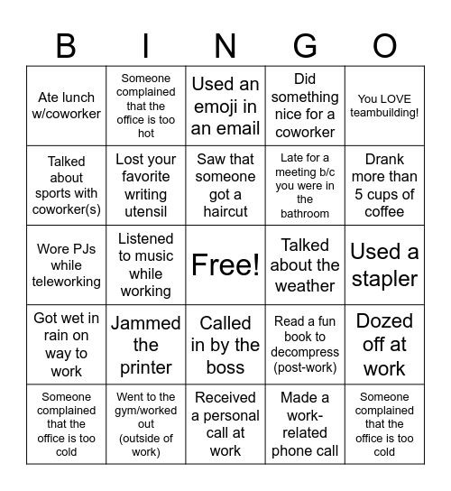 Workplace Bingo Card