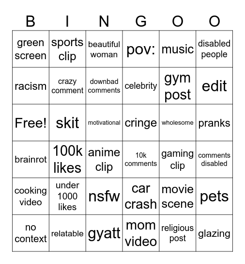 instagram reels Bingo Card