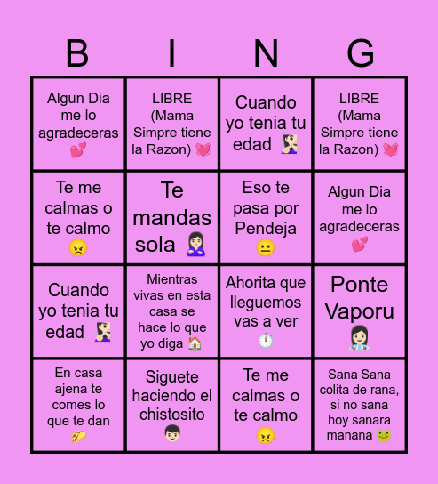 Cosas que dice toda mama Hispana ❤️ Bingo Card