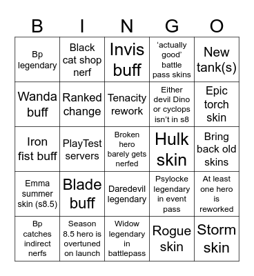 Marvel rivals season 8 Bingo Card