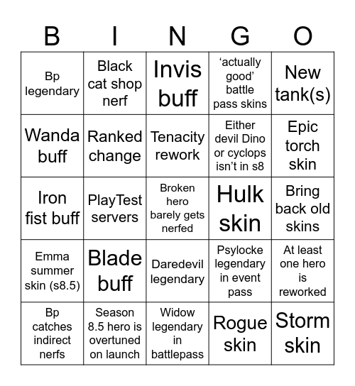 Marvel rivals season 8 Bingo Card