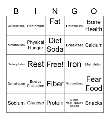 Nutrition Bingo Card
