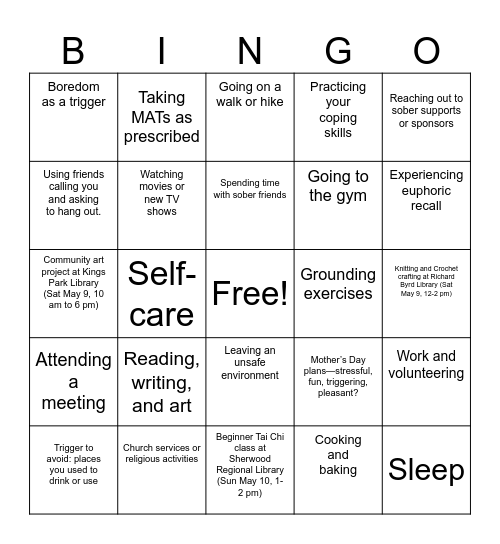 Weekend Planning Bingo Card
