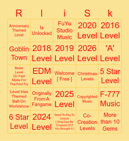 Rolling Sky Bingo Card