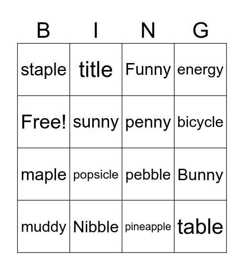 "Y" and "le" Words Bingo Card