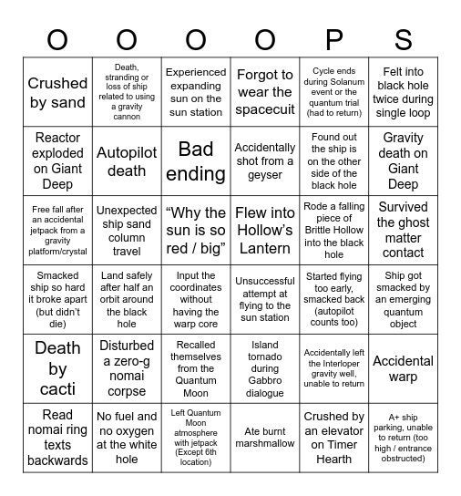 Outer wilds incidents bingo Card
