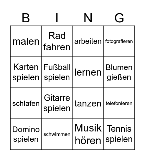 Aktivitäten Bingo Card