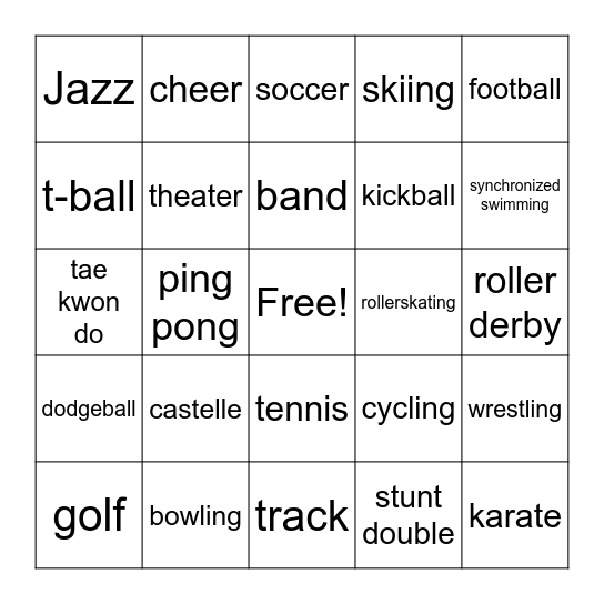 ASAP Athletes/activities Bingo Card