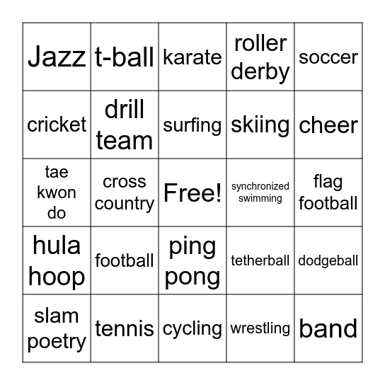 ASAP Athletes/activities Bingo Card