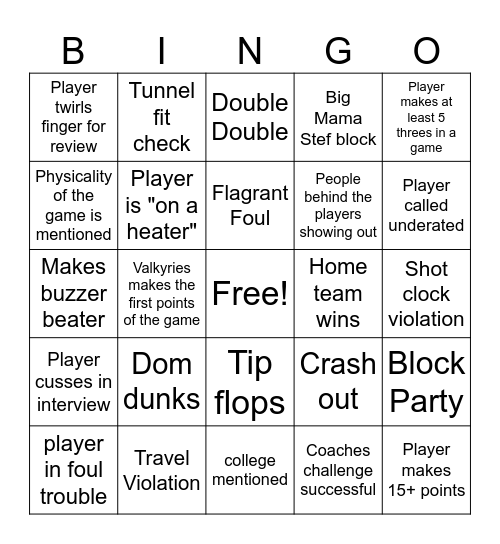Valkyries vs Storm Bingo Card