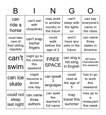 Modal verbs bingo Card