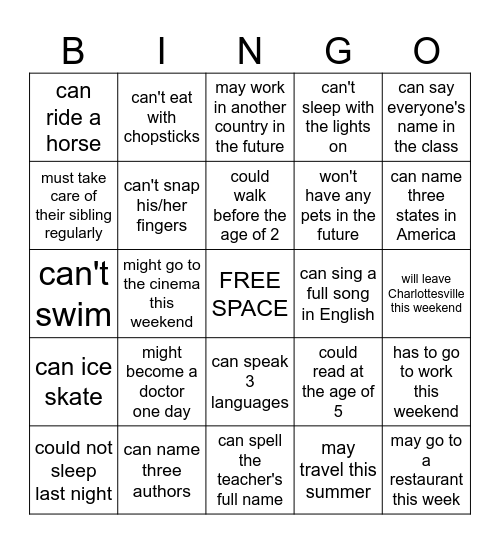 Modal verbs bingo Card