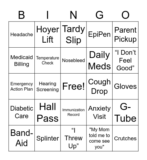 School Nurse Bingo Card