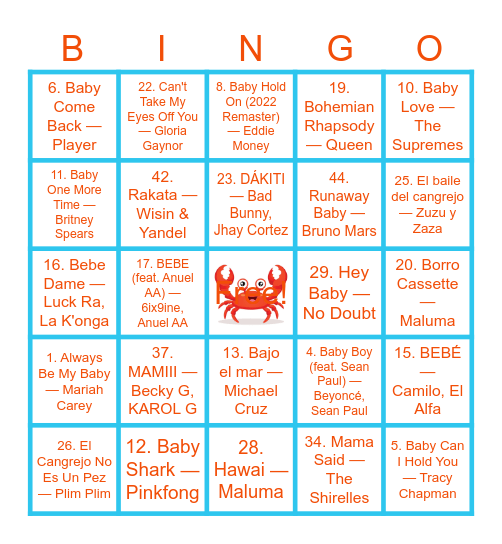 Bingo Musical Baby Donato Bingo Card