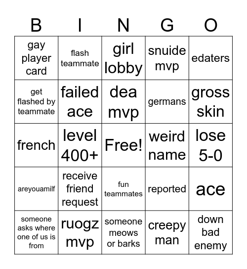 egirlfriending Bingo Card