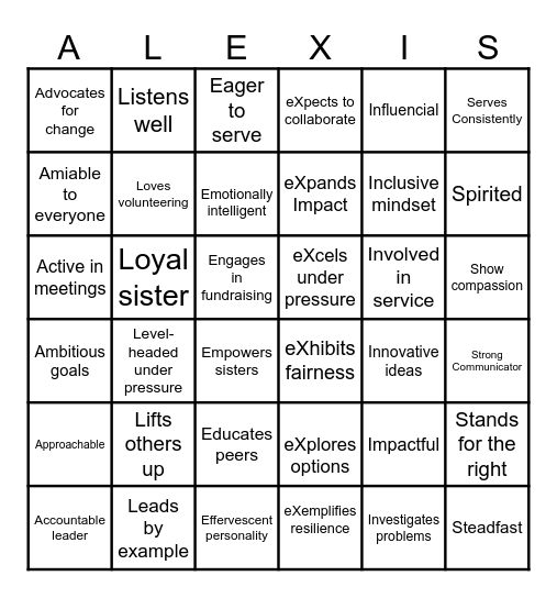Alexis Bingo Card