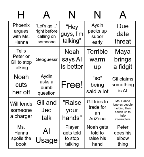 Hanna Bingo Card