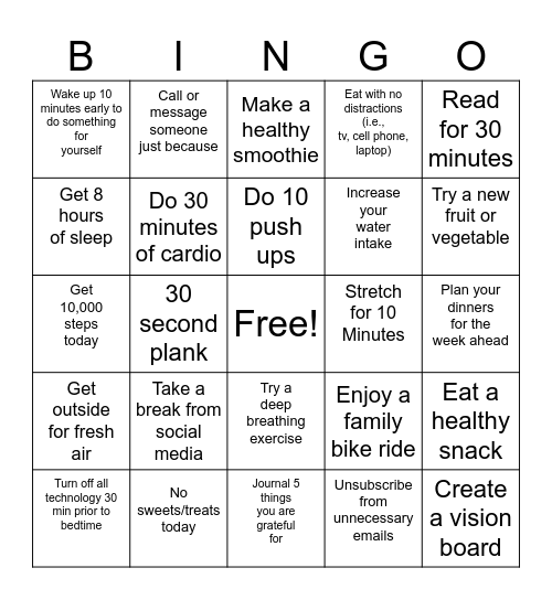 Wellness Bingo Card