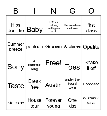Summer hits Bingo Card