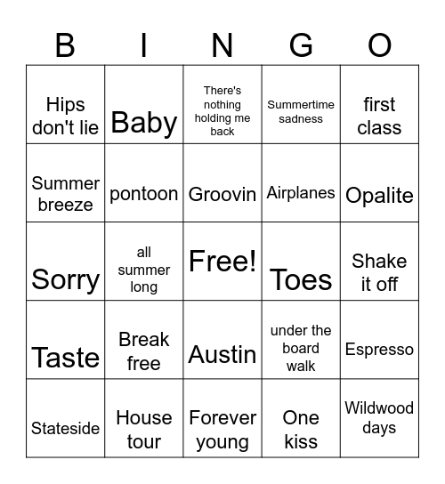 Summer hits Bingo Card