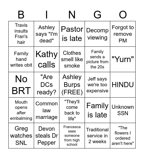Funeral Home Bingo Card