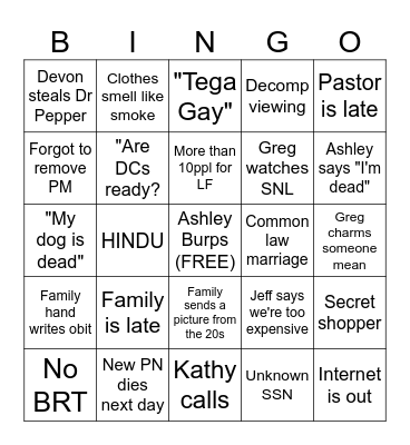 Funeral Home Bingo Card