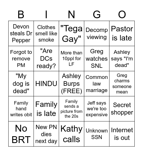 Funeral Home Bingo Card