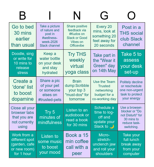 Wellbeing Bingo Card