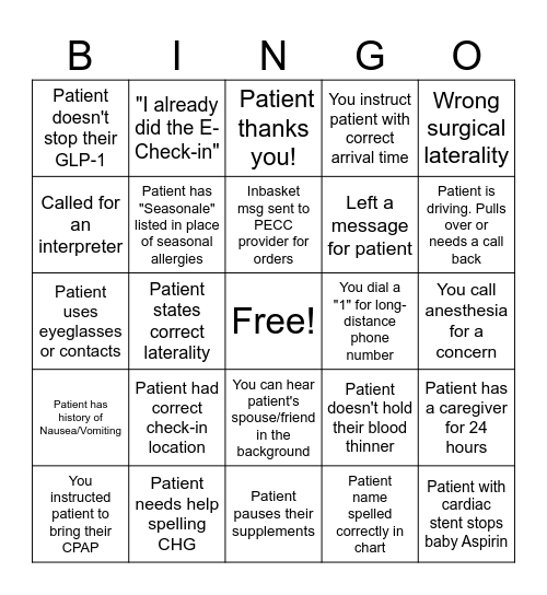 Pre-Surgical Screening BINGO! Bingo Card