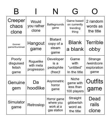 Roblox homepage bingo Card