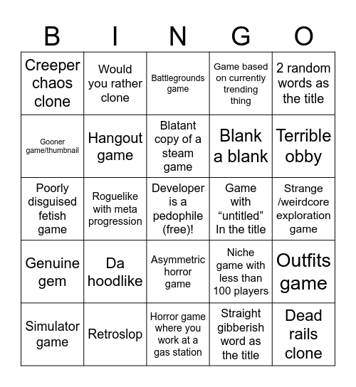 Roblox homepage bingo Card