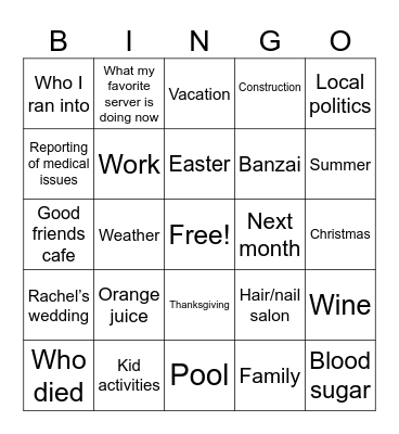 Family Dinner Bingo Card