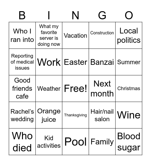 Family Dinner Bingo Card