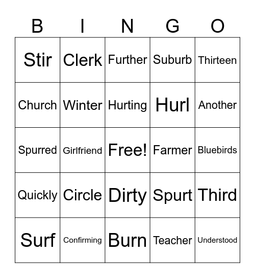 R controlled (ir, er, ur) Bingo Card