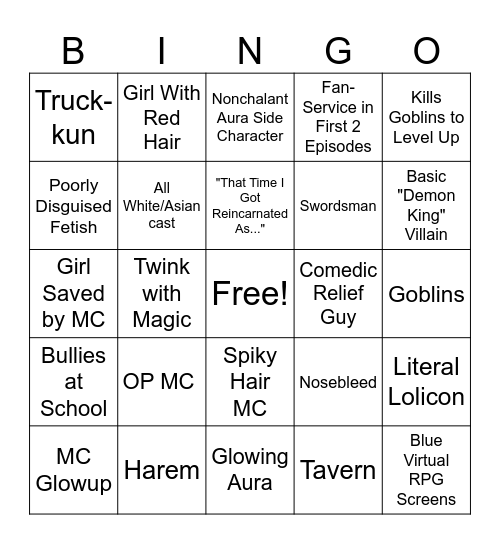 Isekai Bingo!!! Bingo Card