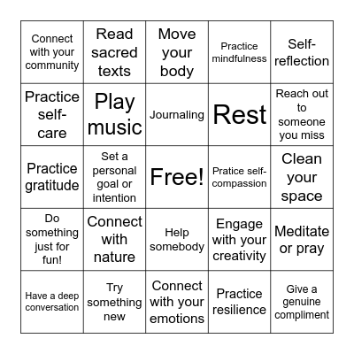 Spiritual Activities Bingo Card
