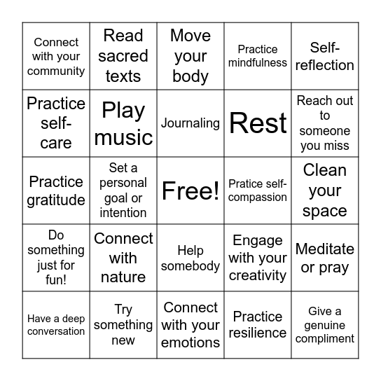 Spiritual Activities Bingo Card