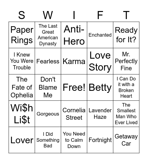 Taylor Swift Bingo Card